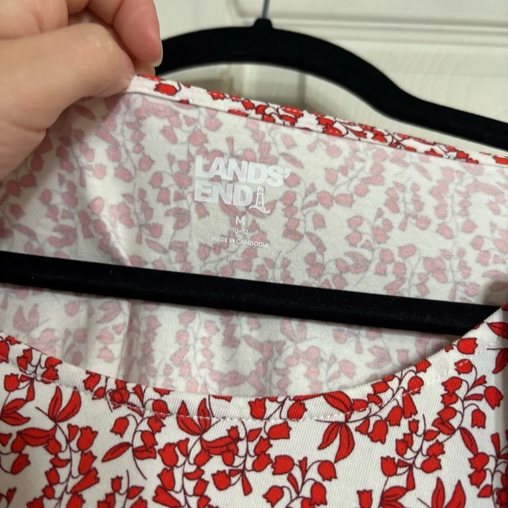 Lands End Tie Front Blouse Cotton Tencel Red White Patterned Short Sleeve Top - Picture 8 of 12